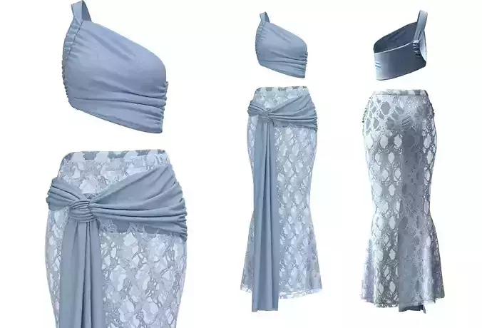 One-Shoulder Ruched Crop Top and Draped Lace Skirt Set