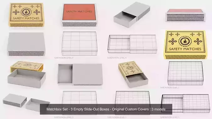 Matchbox Set - 3 Empty Slide-Out Boxes - Original Custom Covers
