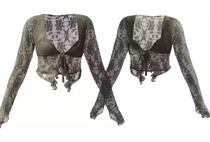 Mocha Floral Lace Tie front Long-Sleeve Crop Top