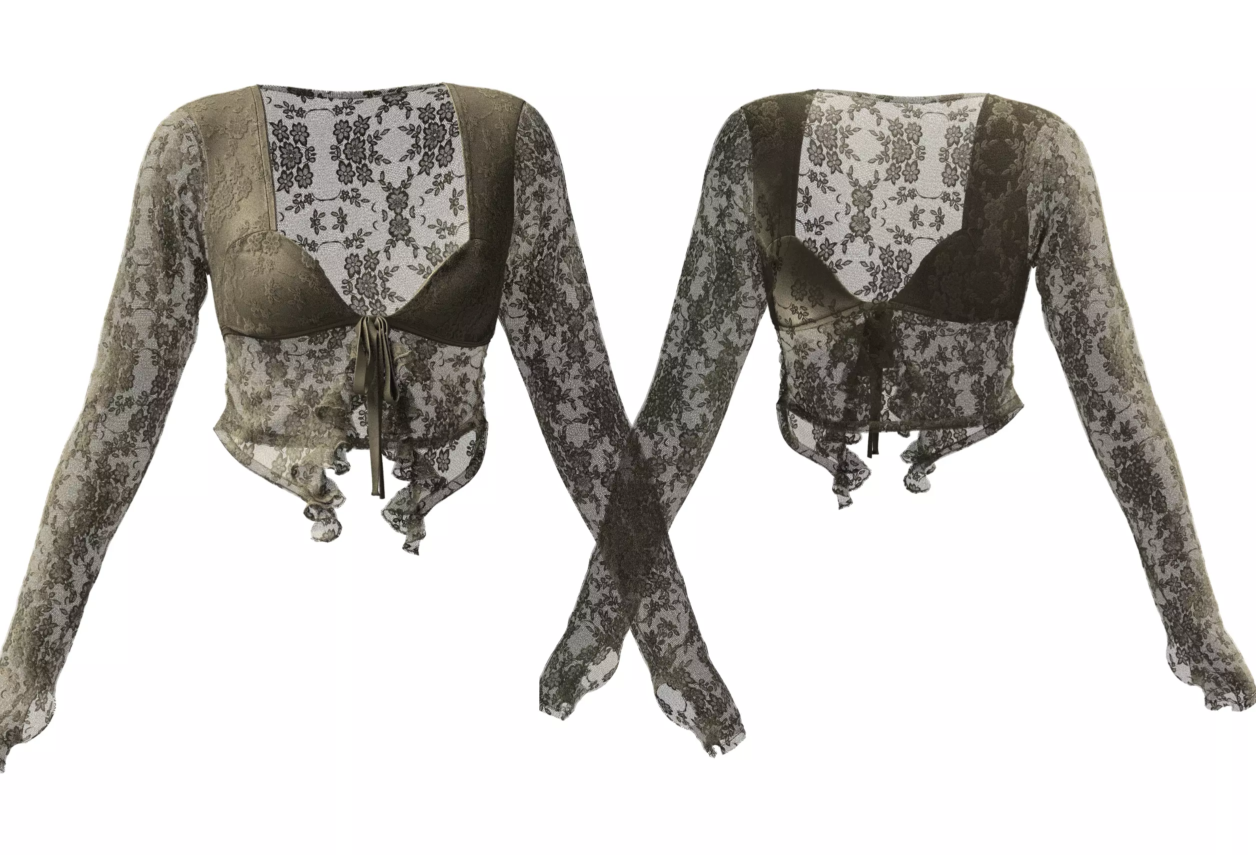 Mocha Floral Lace Tie front Long-Sleeve Crop Top 3D model