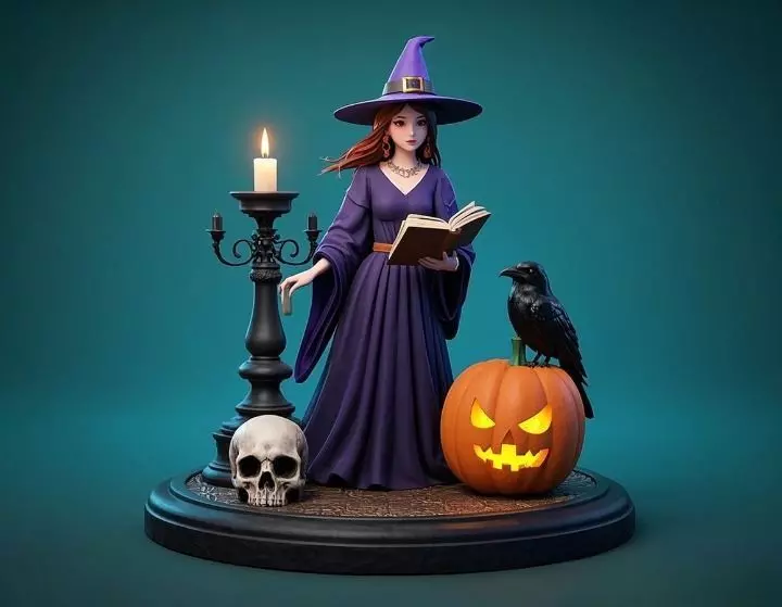2944 Witch with Spell book Skull Raven Pumpkin stl 3D print model
