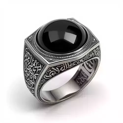 Majestic Ottoman Calligraphy Ring 3D Model Black Onyx Silver