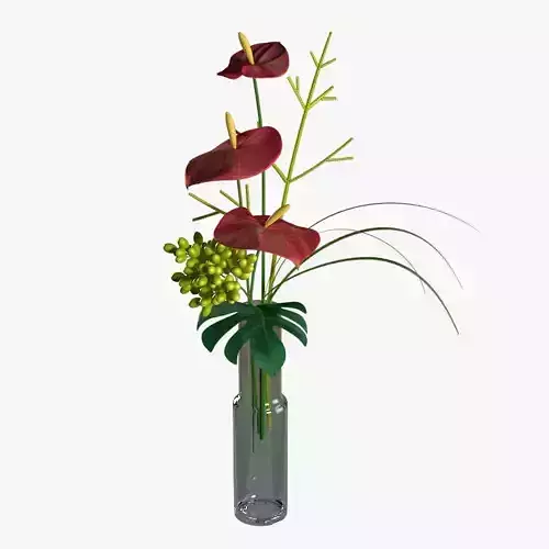 Anthurium arrangement of flowers in glass vase 3D model