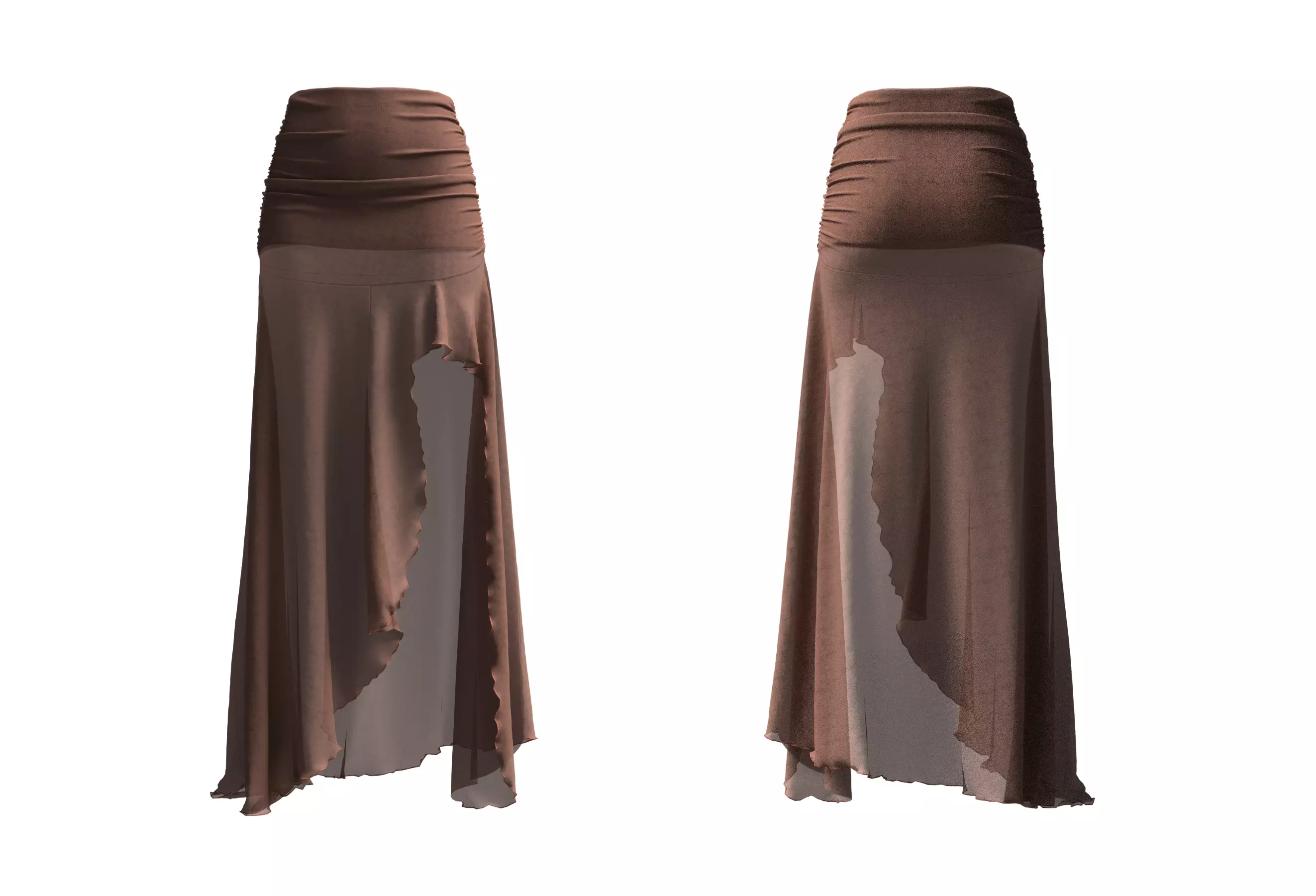 Cocoa Ruched Waist Asymmetric Ruffle Maxi Skirt-186 3D model