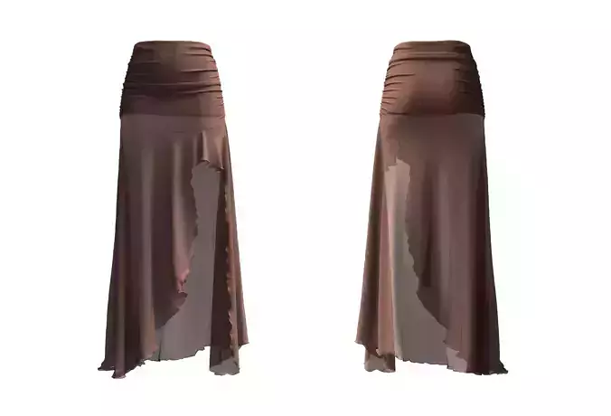 Cocoa Ruched Waist Asymmetric Ruffle Maxi Skirt-186