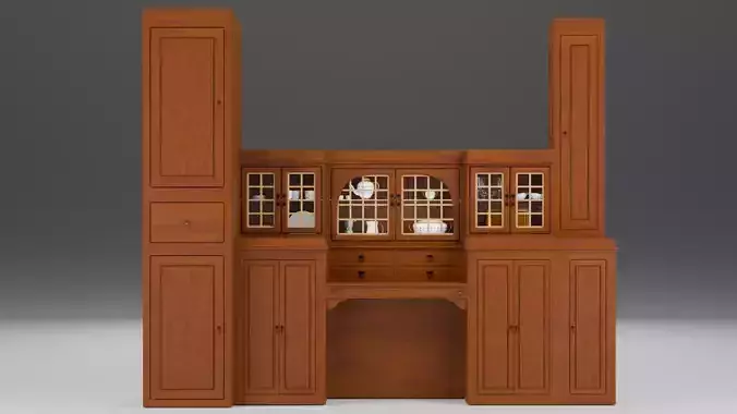 Low Poly Wooden Storage Cabinet with Glass Doors and Desk