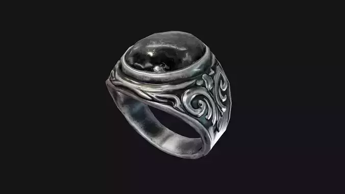 Ornate Black Stone Signet Ring Game-Ready 3D Model 