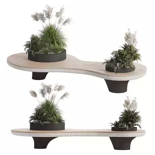 Modern Curved Wooden Bench with Integrated Planters