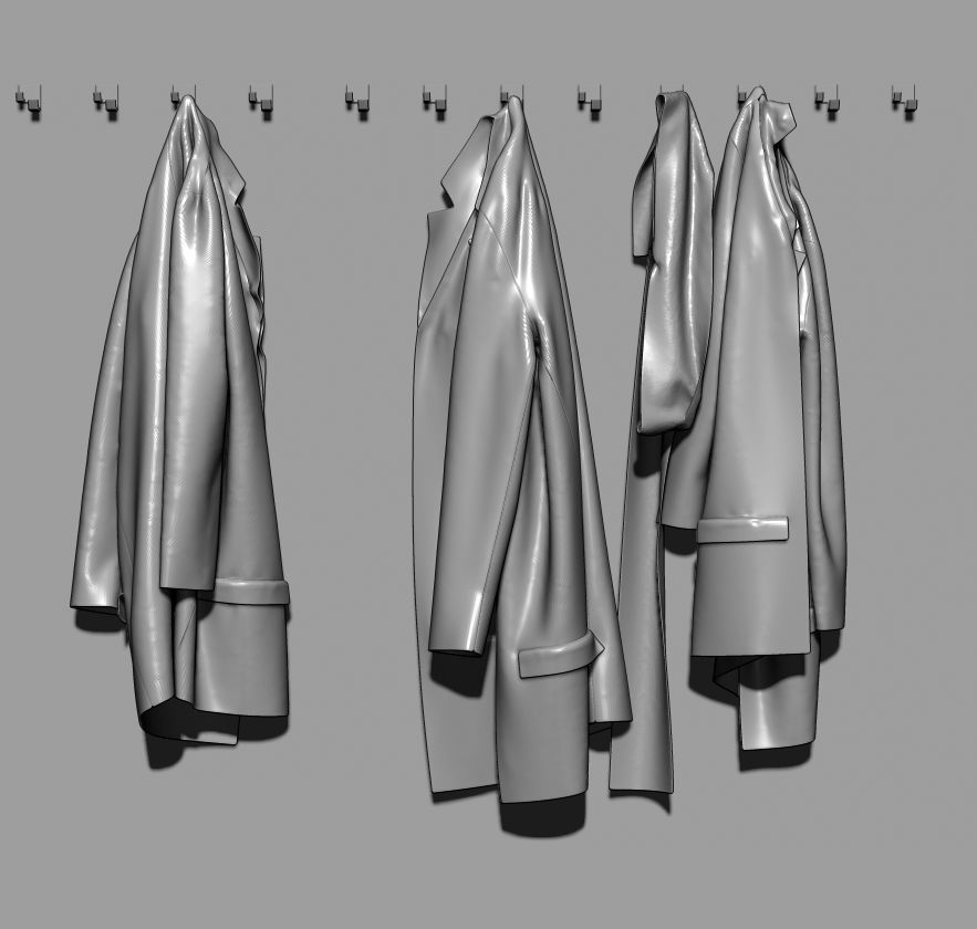 Jackets three coats hanging on wall 3D model_1