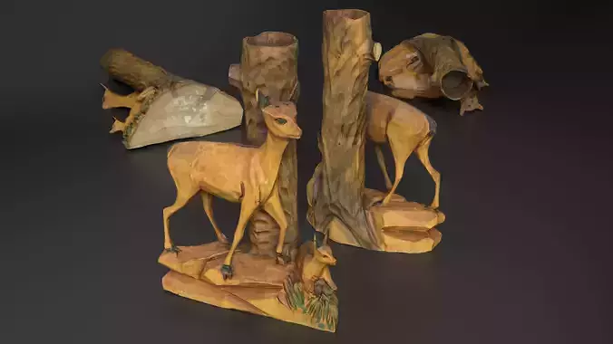 Wooden Carved Deer Figurine - Vintage Forest Sculpture