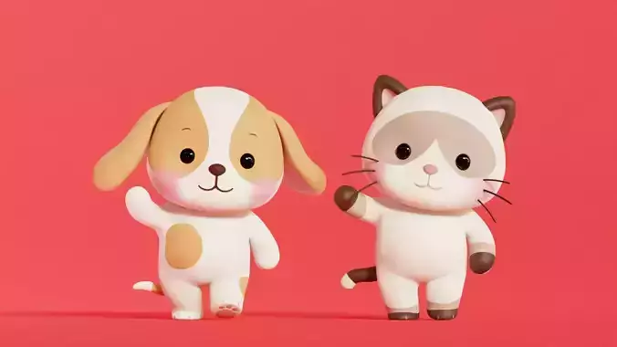 Dog and Siamese Cat Cartoon Rigged Animated Characters  Pack