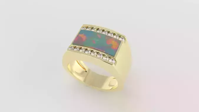 Signet Ring Model Opal Inlay and Channel Set Diamonds