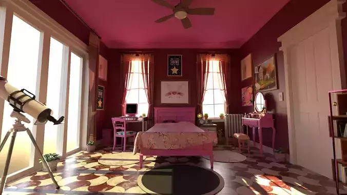 Pink Cozy Girl Bedroom and Stylized Kitchen Interior - BLENDER