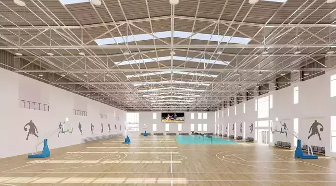 Large Indoor Basketball Gym with Badminton Courts 3D Asset