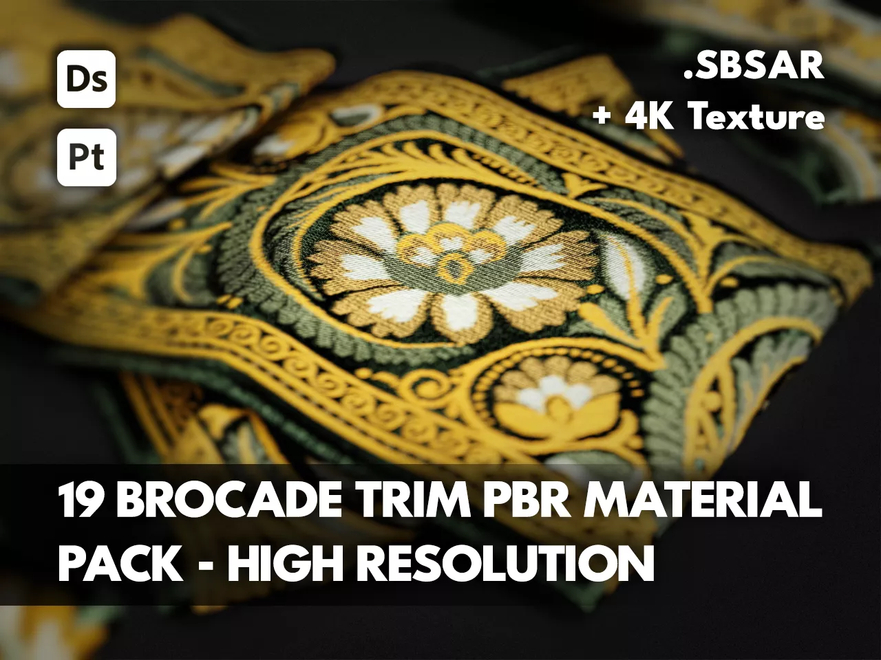 19 Brocade Trim PBR Material Pack - High Resolution 4K Textures 3D model