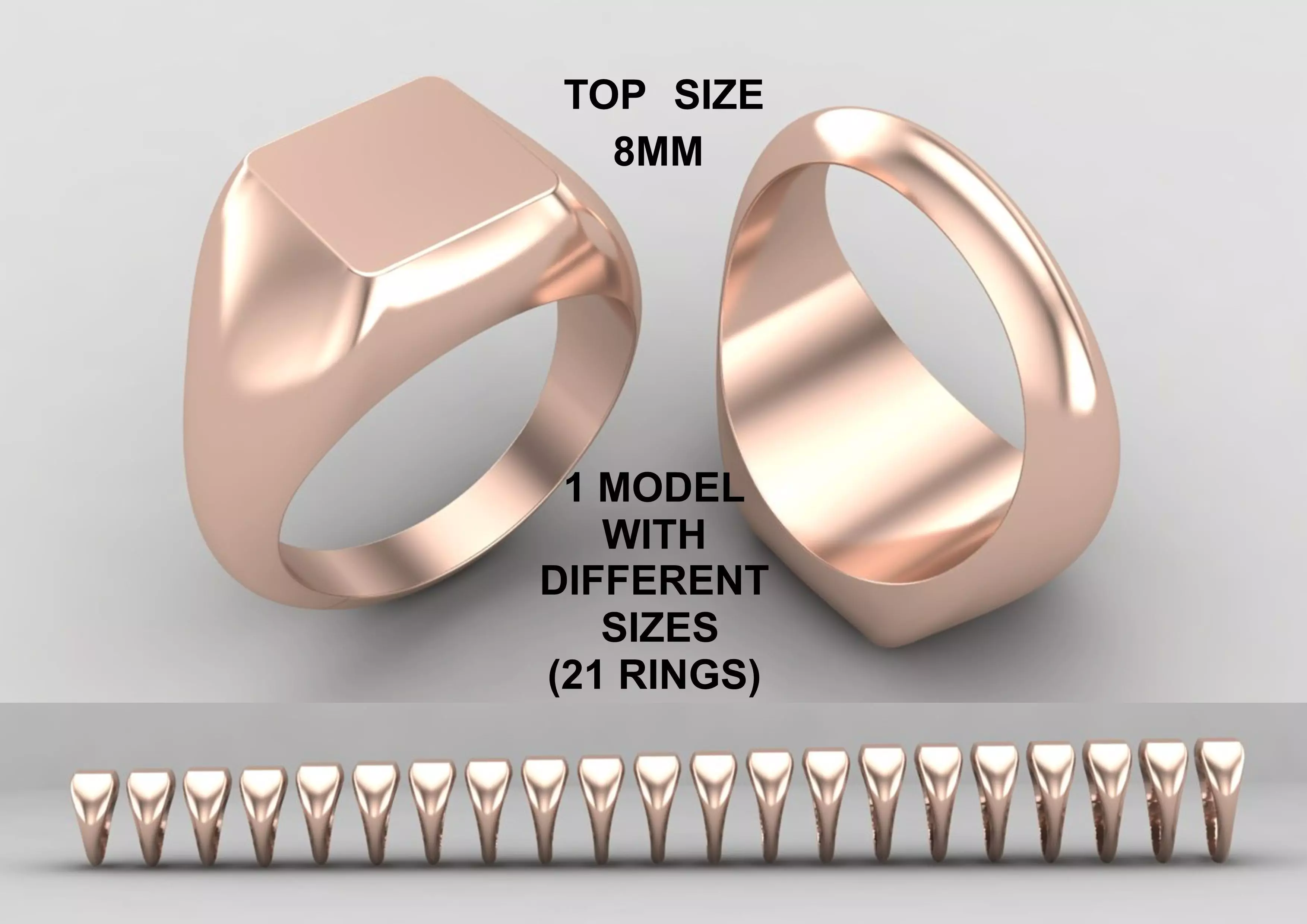 Square Signet Ring Base 8MM top in All sizes 192-MWC 3D print model