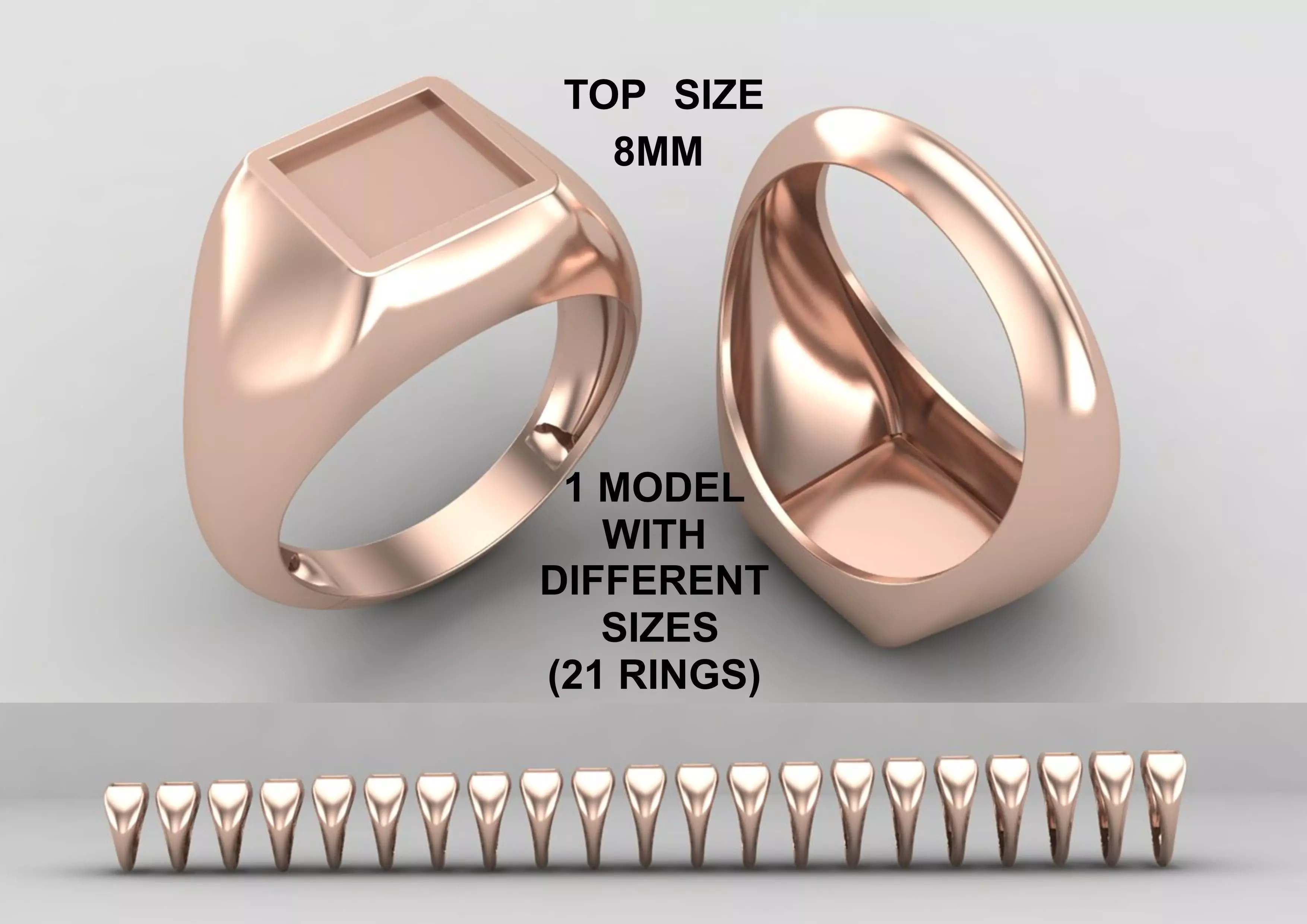 Square enamel Signet Ring Base 8MM top in All sizes 194-MWC 3D print model