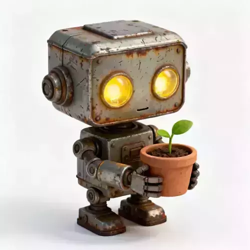 Vintage Rusty Robot Gardener 3D Model - Cute Eco-Bot Mascot