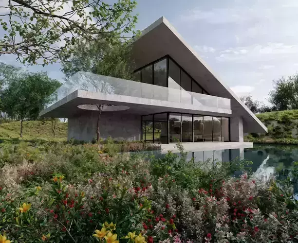 Modern Sloped Roof Pool Villa 3D model 3