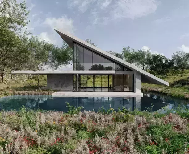 Modern Sloped Roof Pool Villa 3D model 2