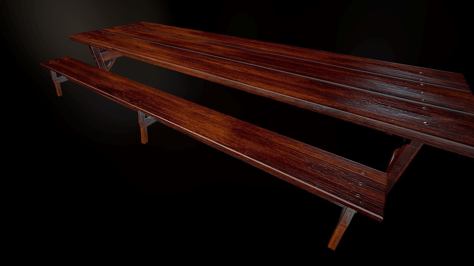 Wooden Table and Bench Low-poly 3D model_4