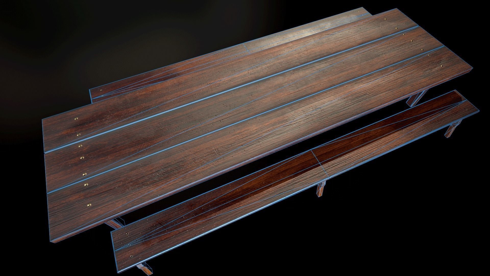 Wooden Table and Bench Low-poly 3D model_7