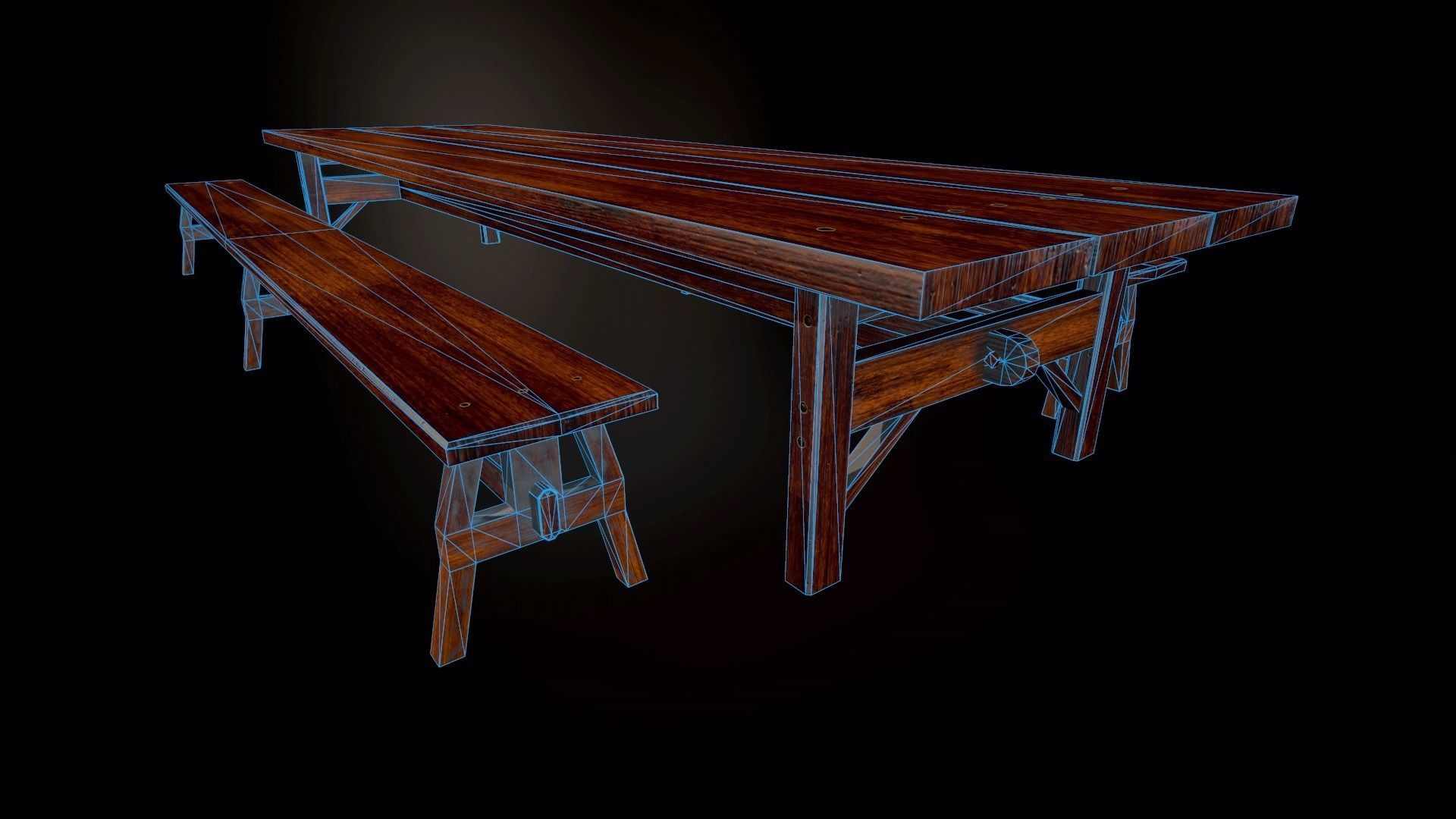 Wooden Table and Bench Low-poly 3D model_1