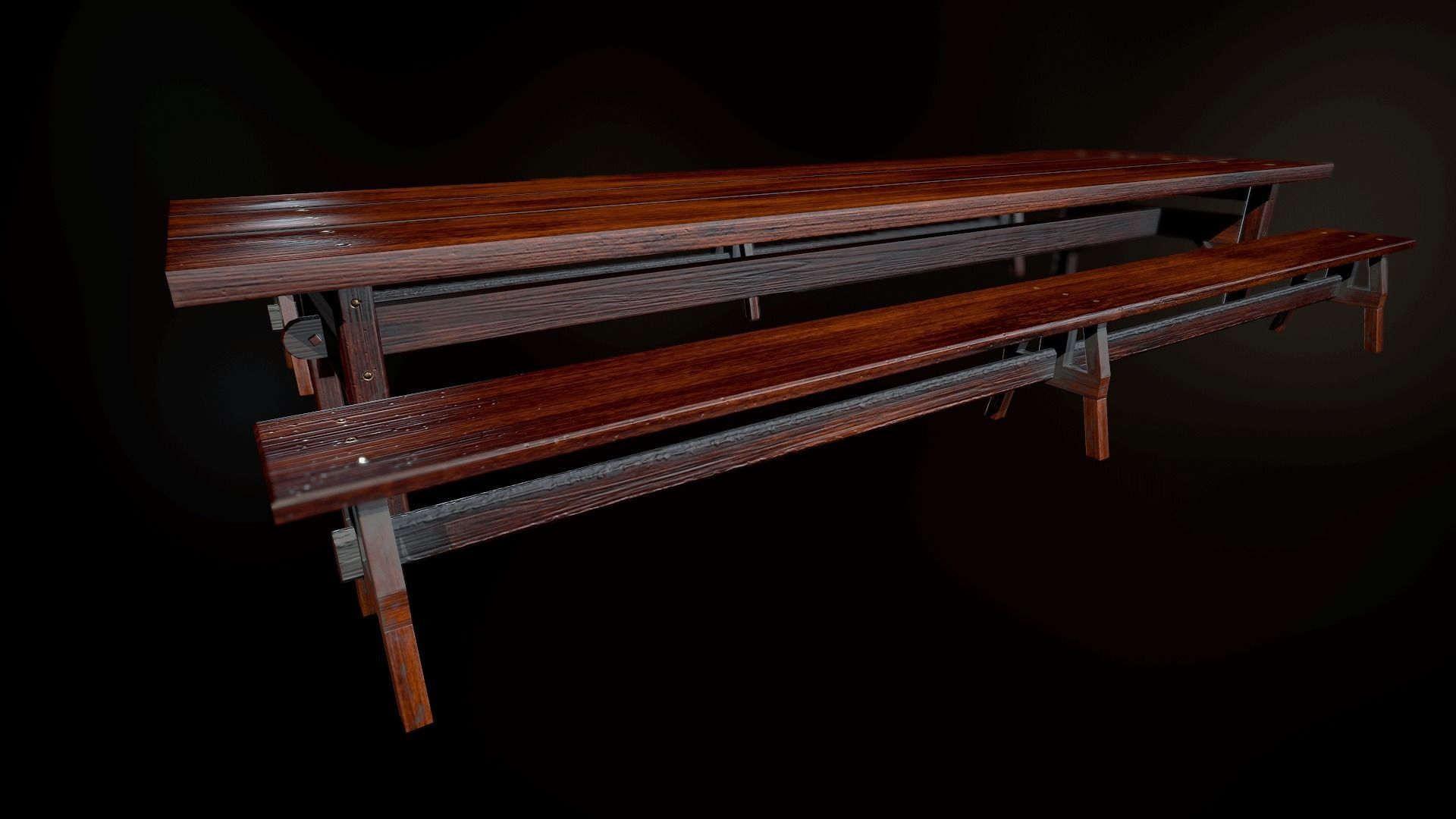 Wooden Table and Bench Low-poly 3D model_5