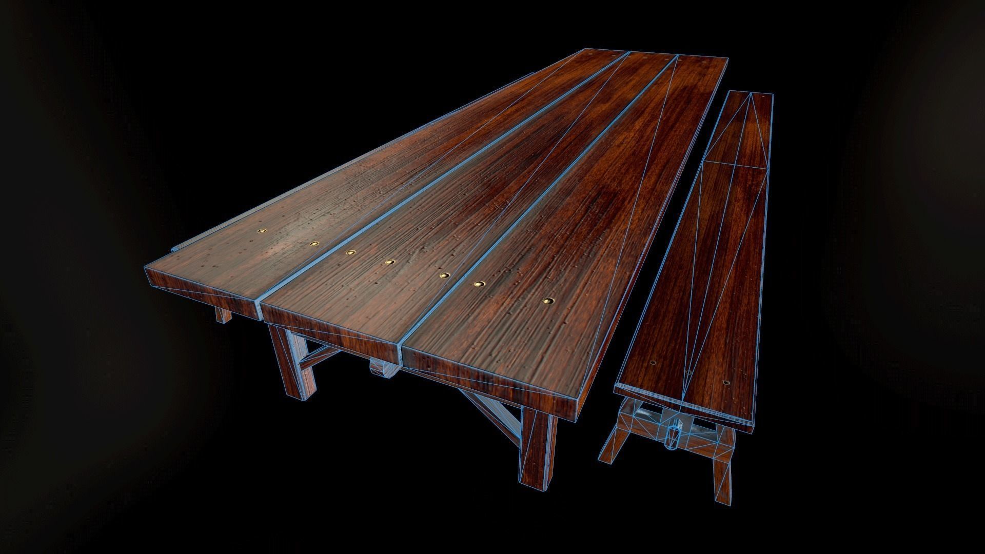 Wooden Table and Bench Low-poly 3D model_3