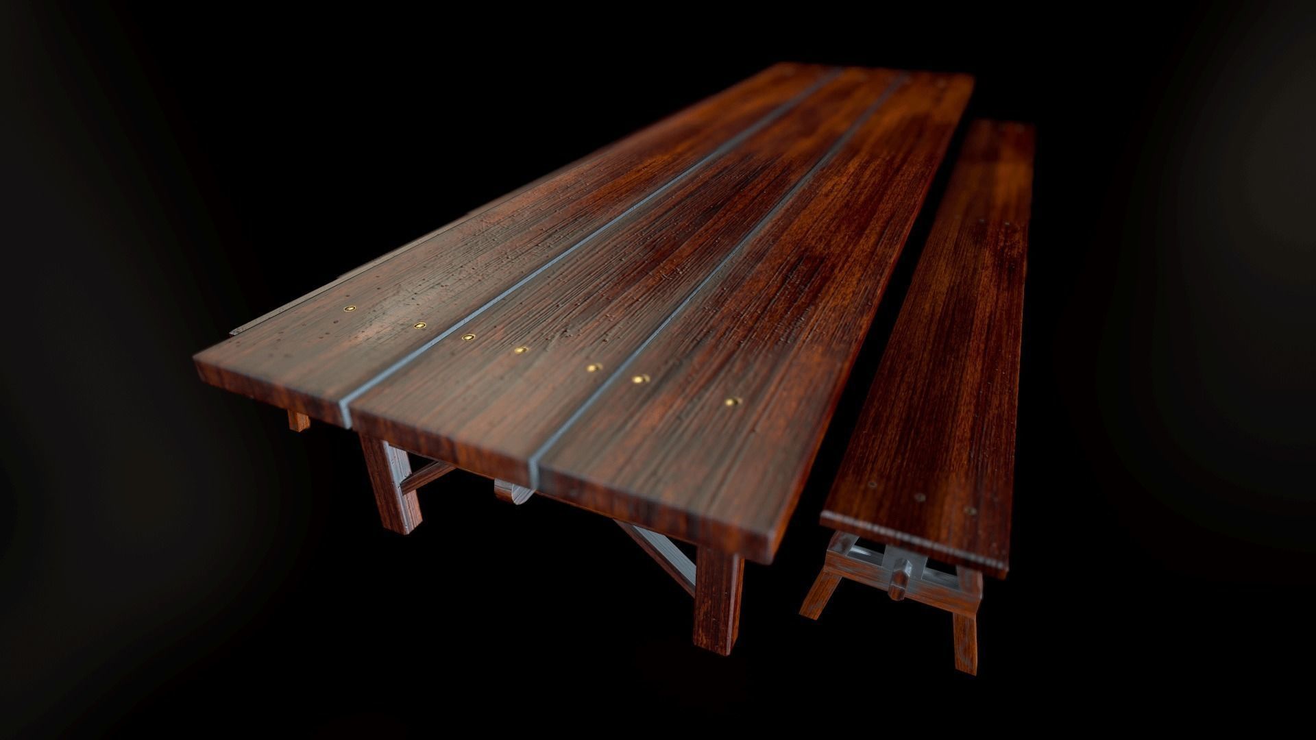 Wooden Table and Bench Low-poly 3D model_2