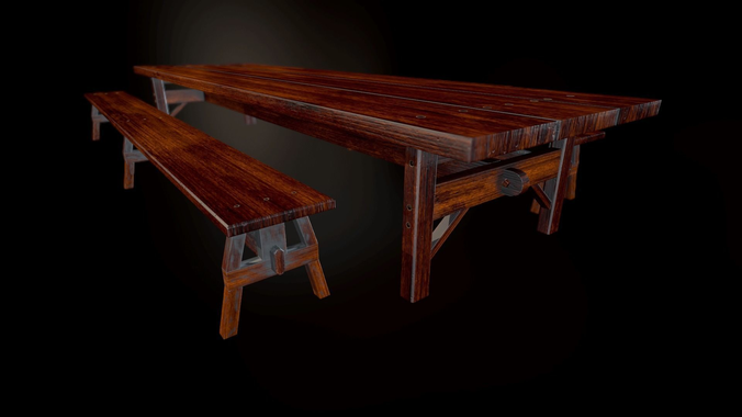 Wooden Table and Bench Low-poly 3D model
