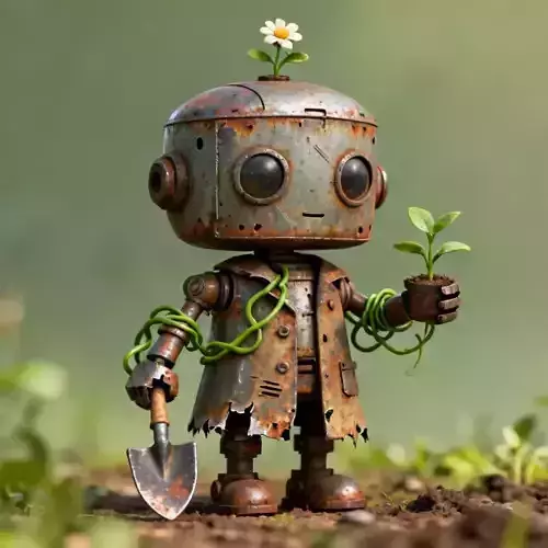 Rusty Robot Gardener 3D Model - Vintage Eco Guardian