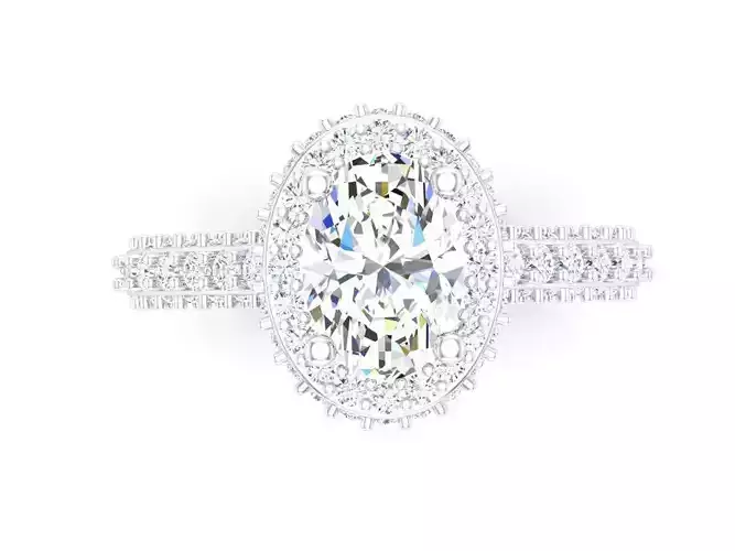 Oval Solitaire With Pave Halo and Band and hidden diamond 3dm
