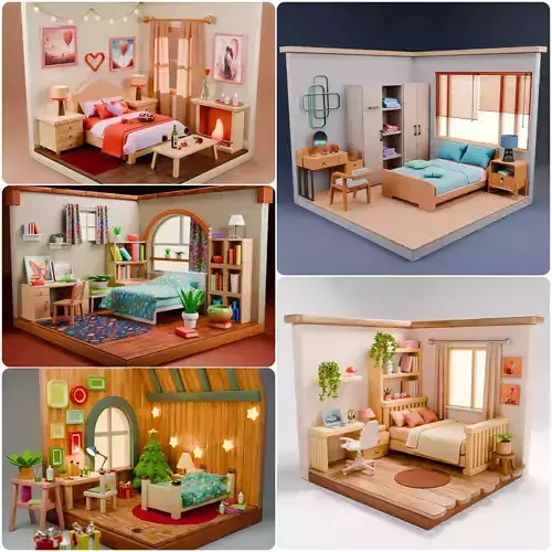 Stylized Isometric Bedroom Pack  5 Modular Rooms 