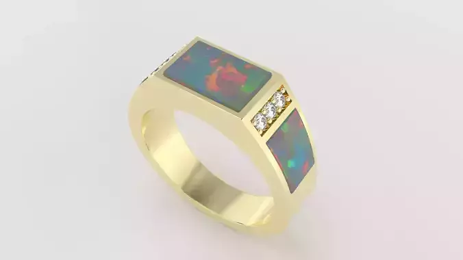Gold Signet Ring with Opal Inlay and Diamond Accents