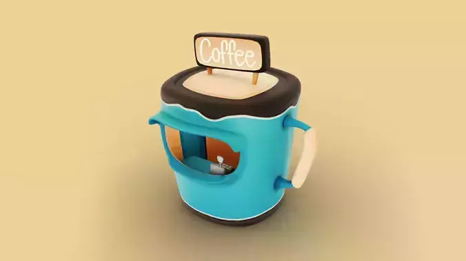 Low Poly Market Stall Kiosk  cup of coffee