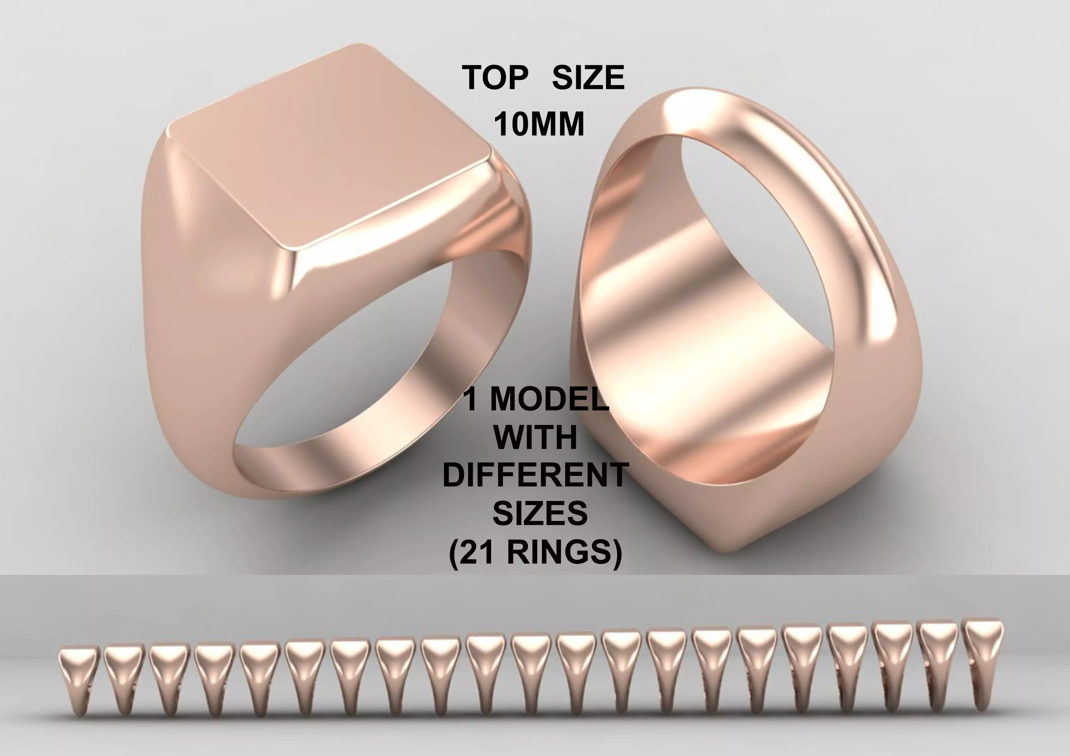 Square Signet Ring Base 10MM top in All sizes 197-MWC 3D print model