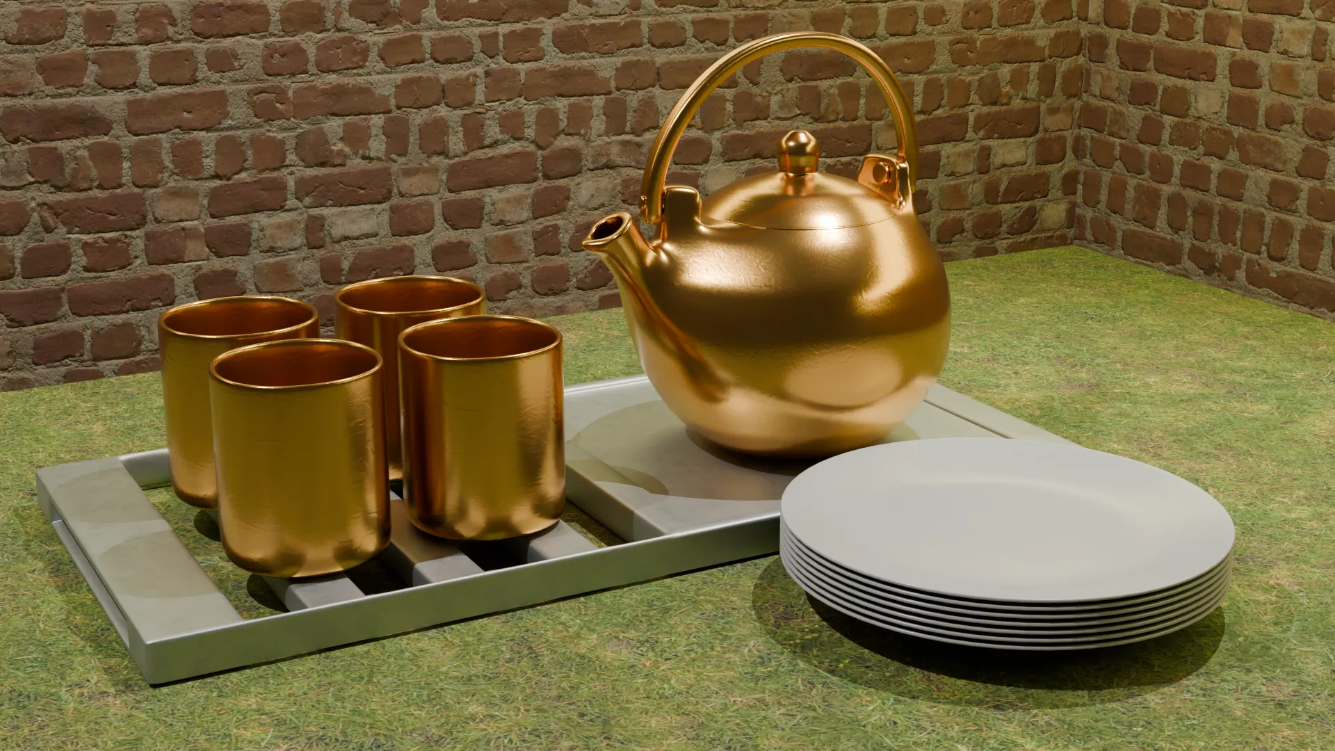 Japandi Teapot Cups and Tray - PBR Free 3D model