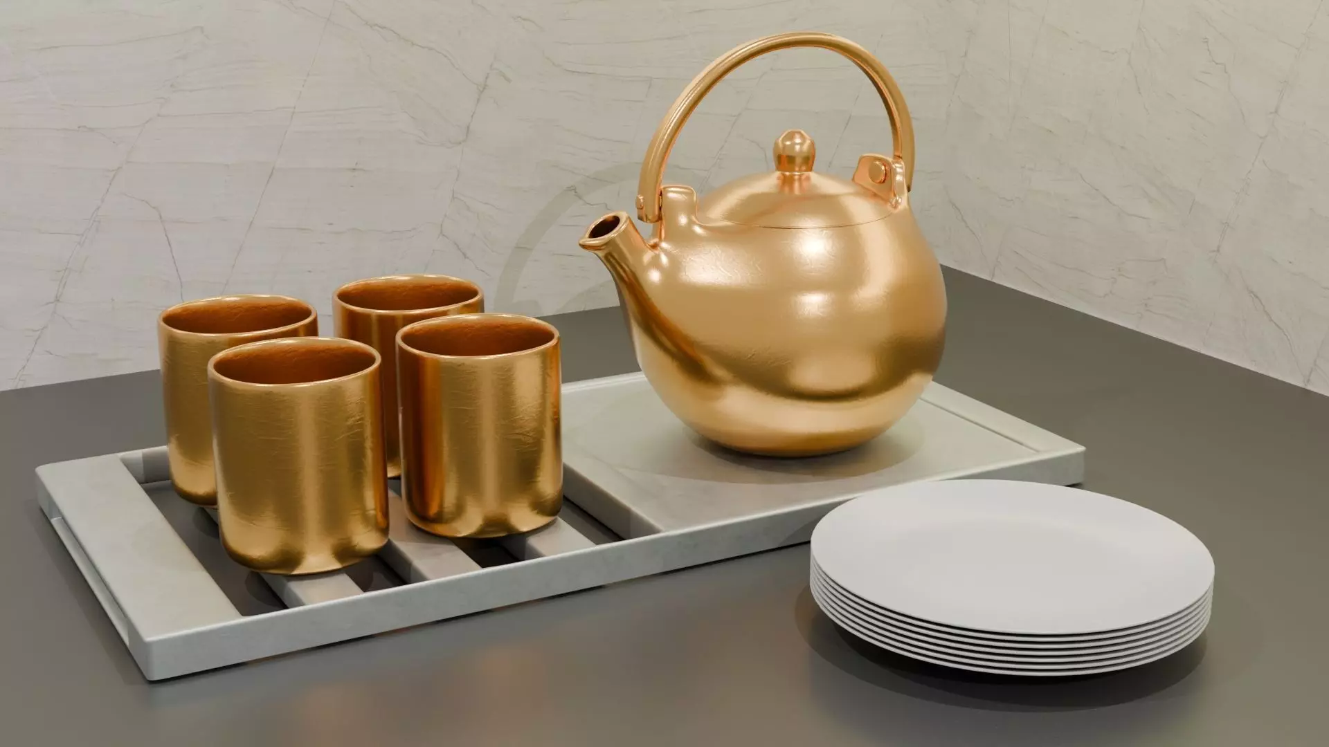 Japandi Teapot Cups and Tray - PBR Free 3D model