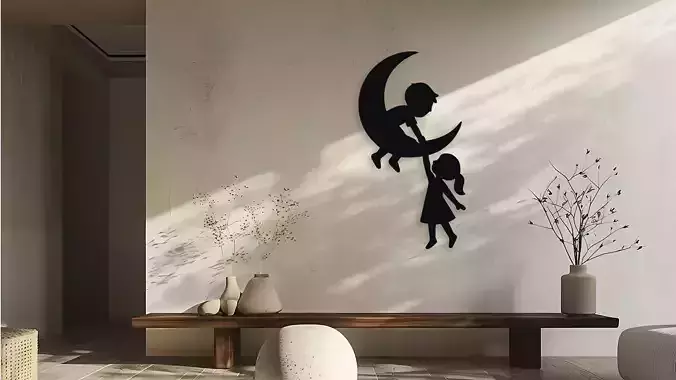 Kids On Moon Wall Decor Art