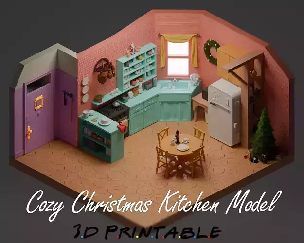 Christmas Retro Kitchen Diorama-Printable Miniature Scene