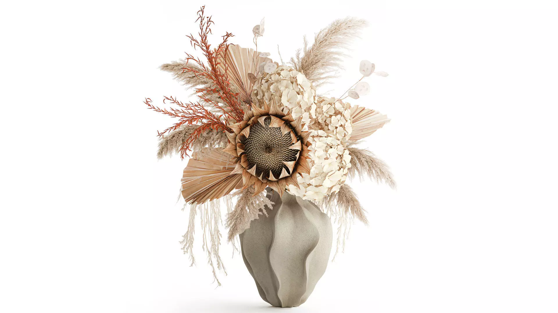 Bouquet dried flowers branches palm leaf hydrangea vase decor 3D model