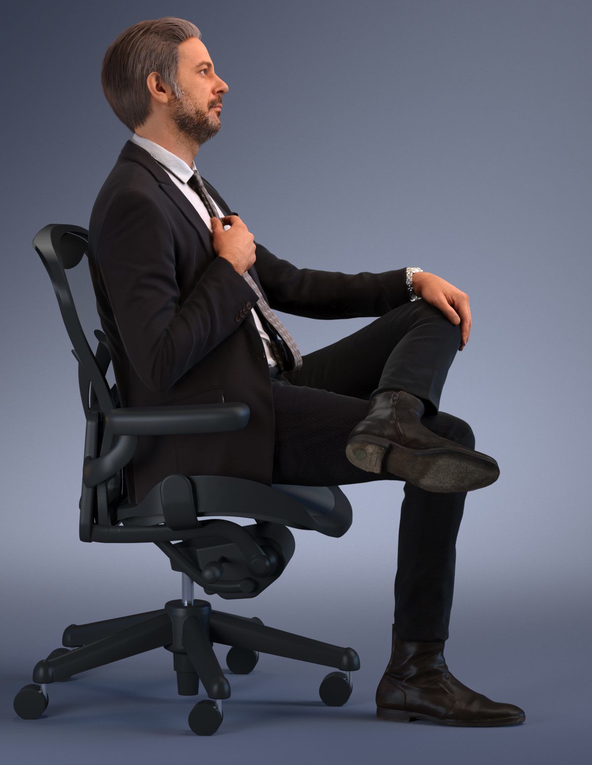 Pre posed European business man sitting in an office chair 3D model_4