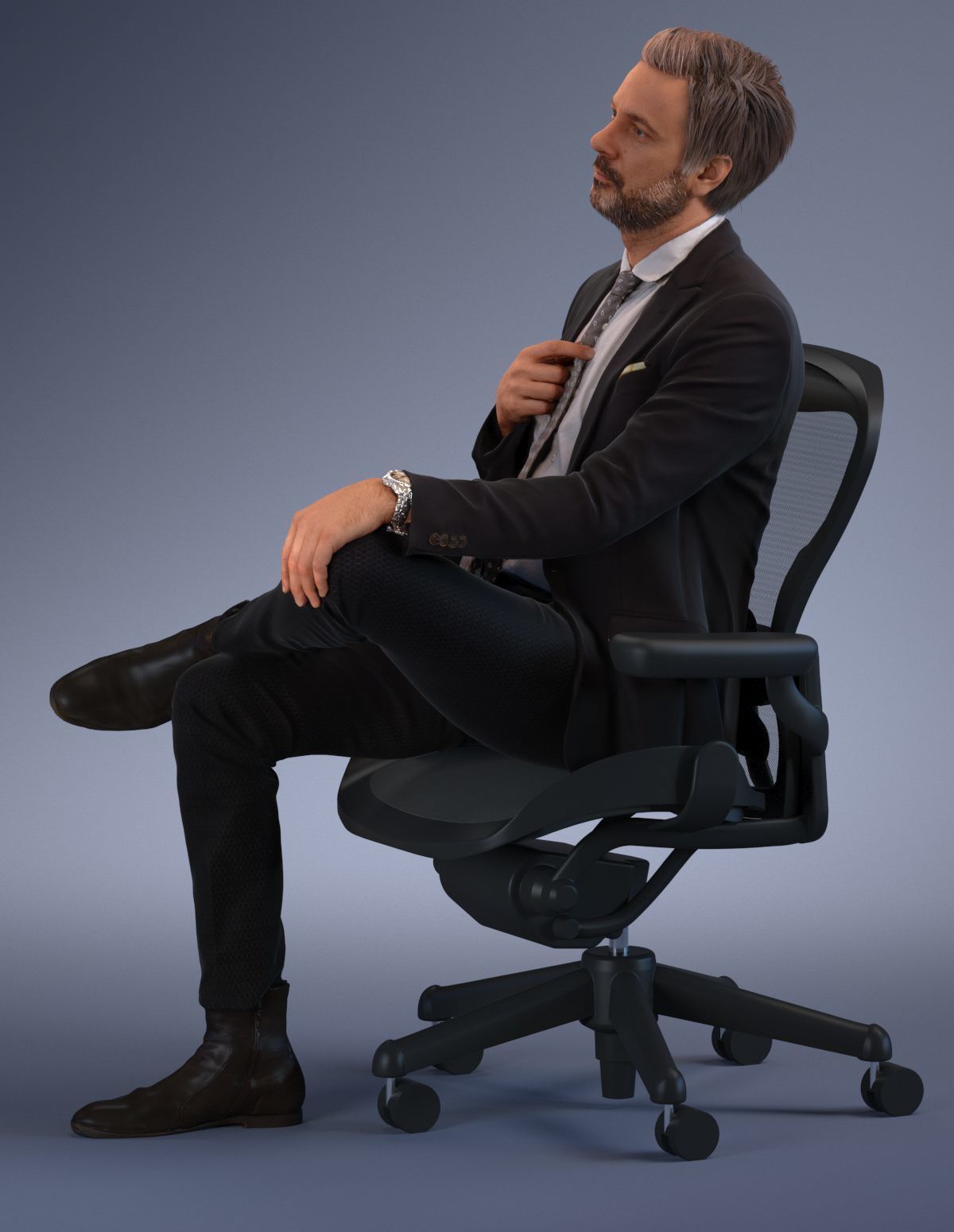 Pre posed European business man sitting in an office chair 3D model_9