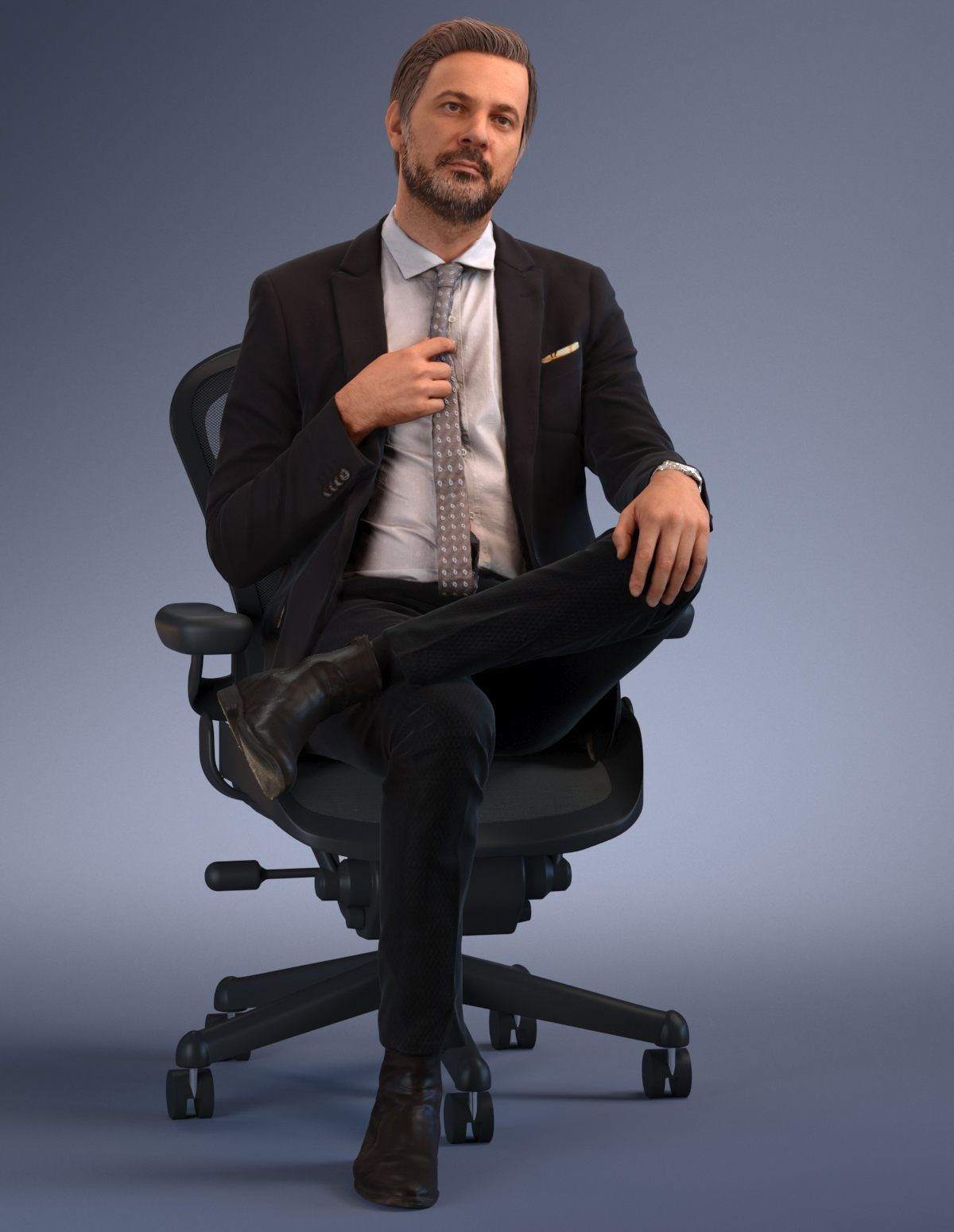 Pre posed European business man sitting in an office chair 3D model_1