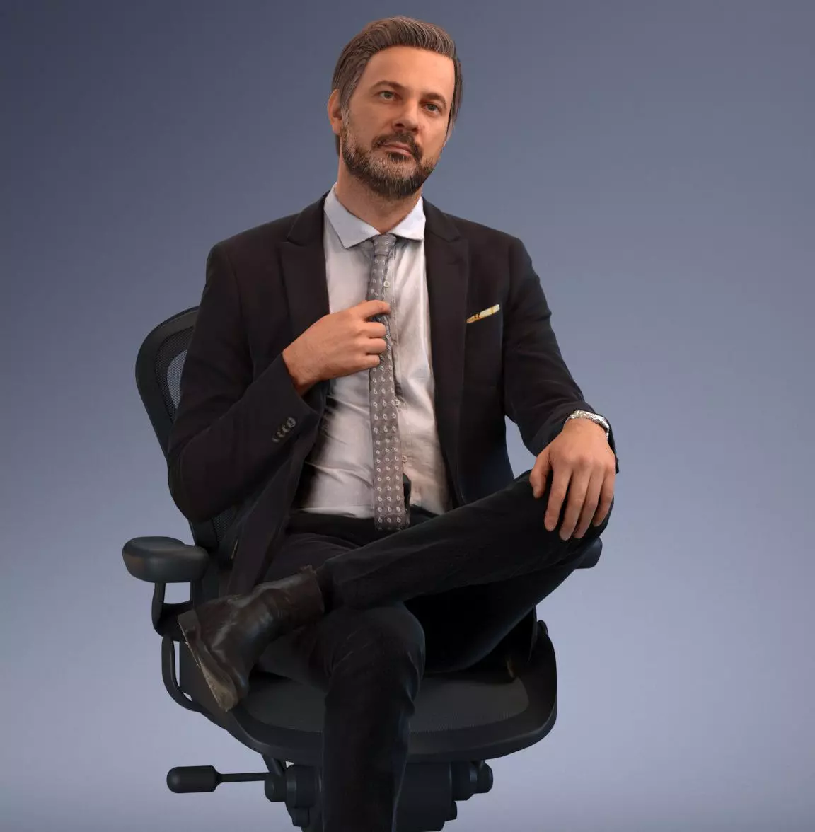 Pre posed European business man sitting in an office chair 3D model_0
