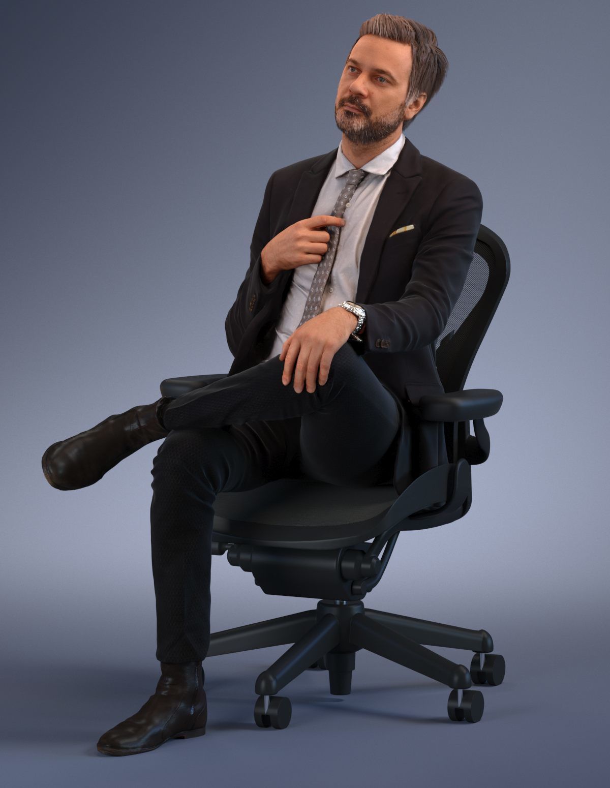 Pre posed European business man sitting in an office chair 3D model_10