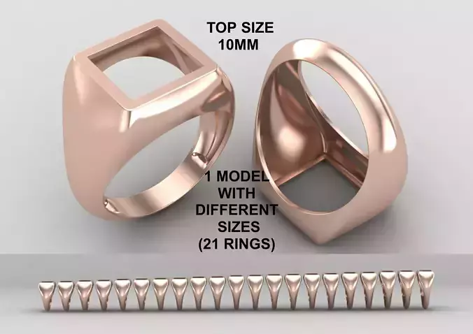 Square hollow Signet Ring Base 10MM top in All sizes 200-MWC
