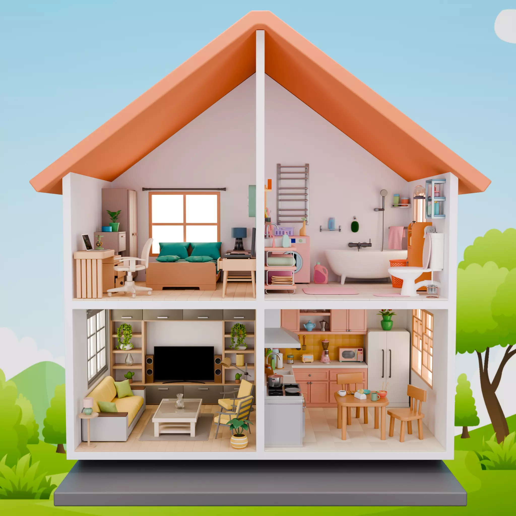 Isometric 3D Dollhouse 4 Stylized Rooms Pack Low-poly 3D model