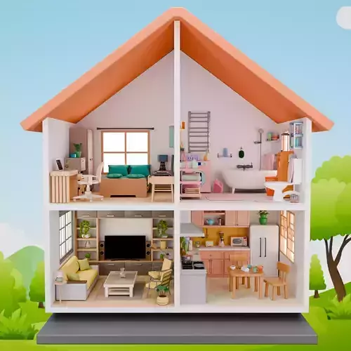 Isometric 3D Dollhouse  4 Stylized Rooms Pack